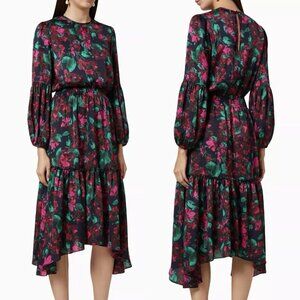 NEW MISA Los Angeles Simone Black and Pink Floral Satin Midi Dress Women’s Small